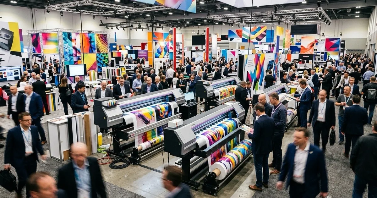 Busy trade show floor with wide-format DTF printers running film under bright lights and attendees examining printed transfers