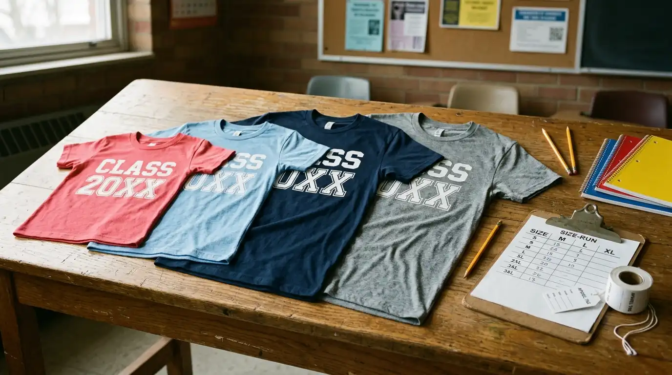Four cotton school t-shirts in red, sky blue, navy and heather grey laid out on a wooden classroom table with class-of placeholder wordmarks