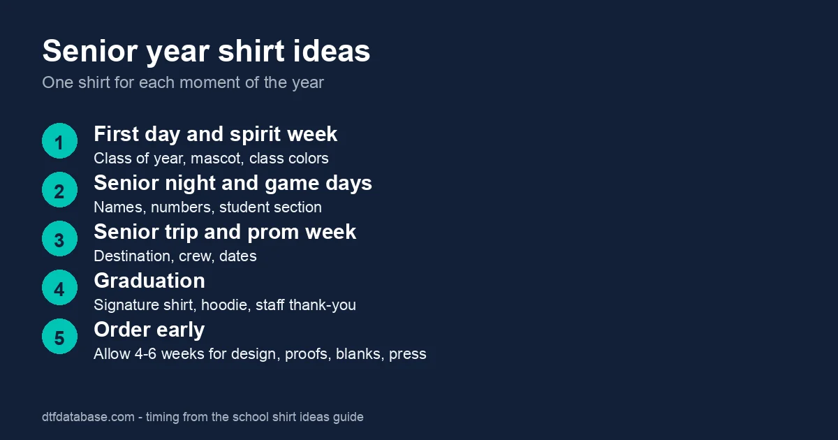Five moments for senior year shirts: first day and spirit week, senior night, senior trip and prom week, graduation, and when to order