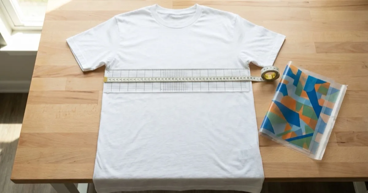 Blank white t-shirt laid flat with an alignment ruler across the chest and a printed transfer film sheet alongside