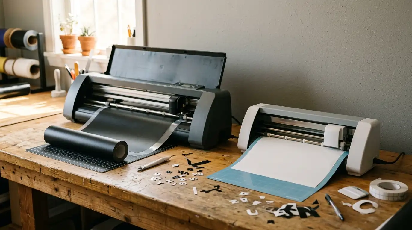 Two desktop vinyl cutters side-by-side with HTV vinyl rolls and weeded scraps