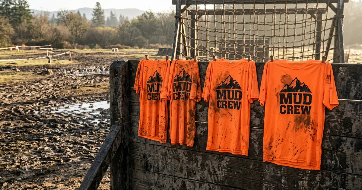 Four mud-splattered orange performance T-shirts with a Mud Crew team graphic hanging on a wooden obstacle wall at a mud run