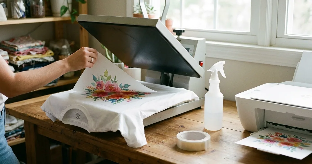 Hand peeling sublimation transfer paper off a white cotton t-shirt on an open clamshell heat press, with a spray bottle and desktop printer on the table
