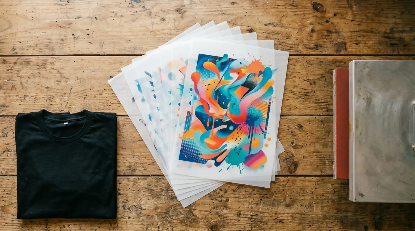 Fanned DTF transfer sheets with colorful abstract designs on a Dallas workshop bench next to a heat press edge