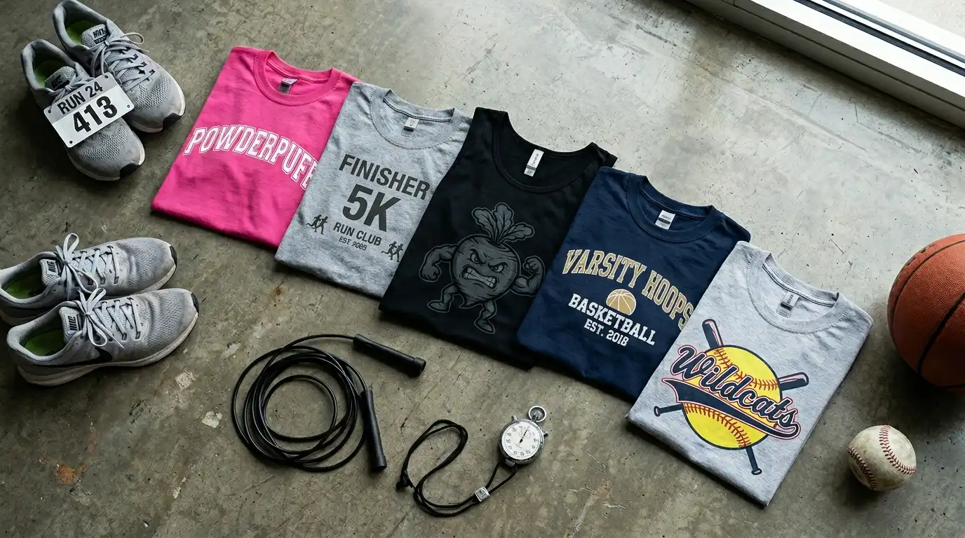 Five team sport t-shirts in pink, heather grey, black, navy and light grey arranged on a gym floor with a basketball, softball, running shoes and stopwatch