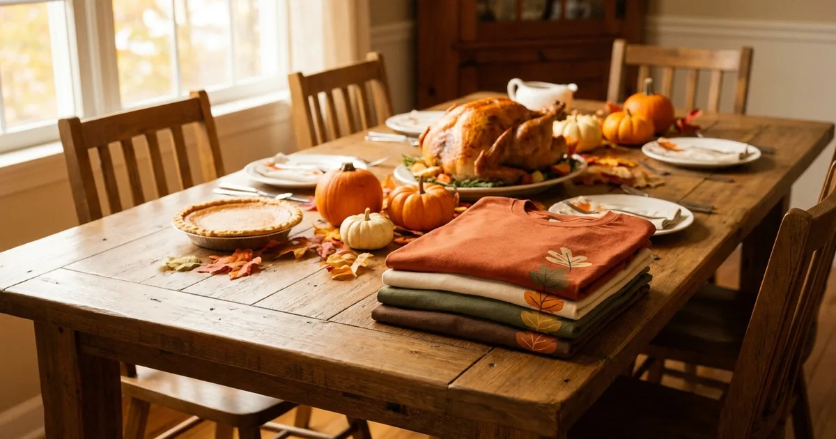 Thanksgiving table with roast turkey, pumpkin pie, and pumpkins next to a stack of folded fall-color T-shirts with leaf prints