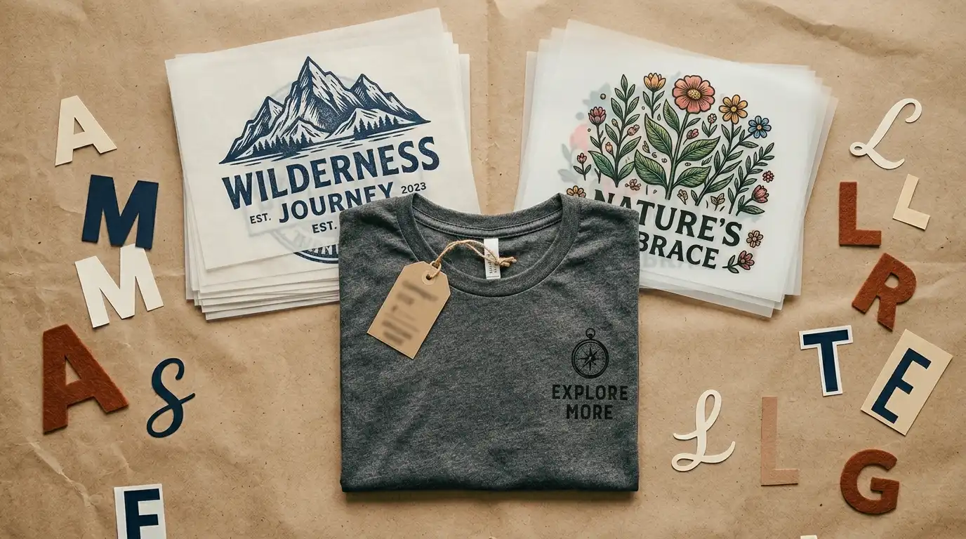 Stacked screen print and DTF transfers with a folded tee and price tag on craft paper