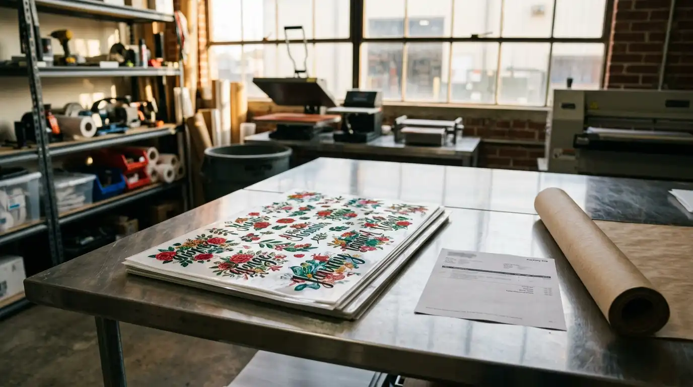 Stacked DTF gang sheet transfers on a stainless workshop table with packing slip and warehouse light