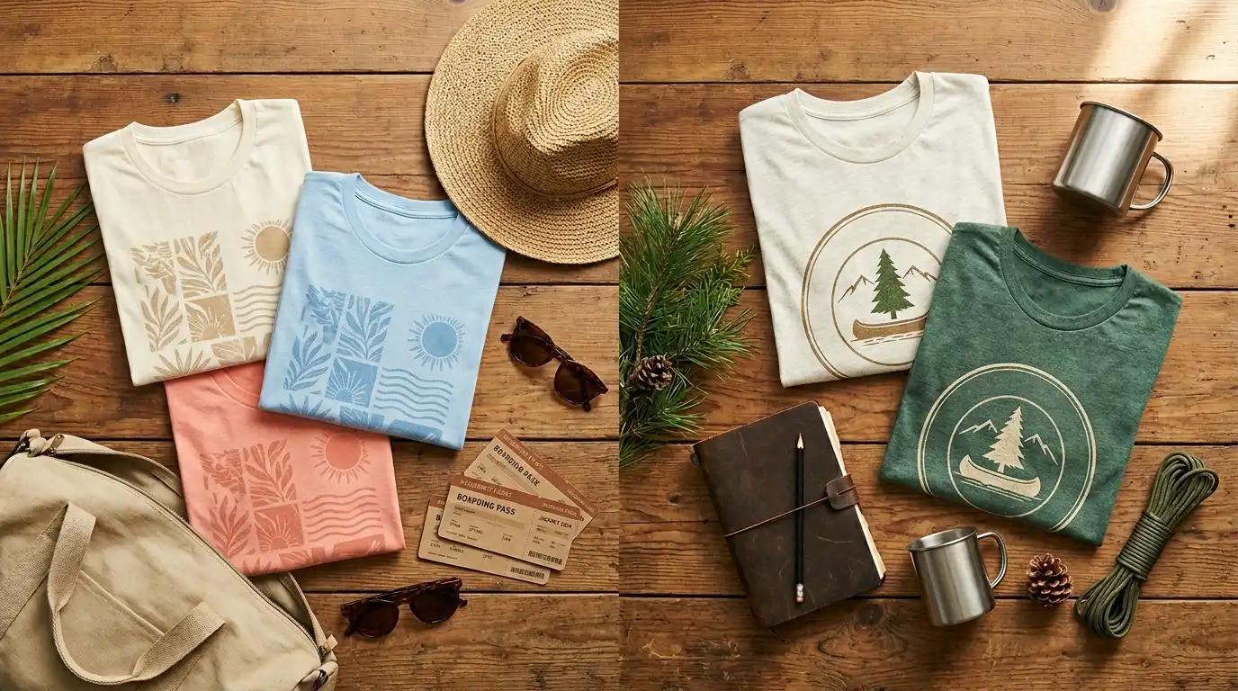 Vacation cruise shirts and summer camp shirts arranged side-by-side on a wood plank surface — cream, light blue, coral, heather cream, heather forest — with a straw hat, duffel, notebook, and pinecone