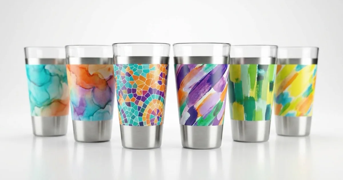 Row of six finished tumblers each wrapped with a different printed UV DTF design