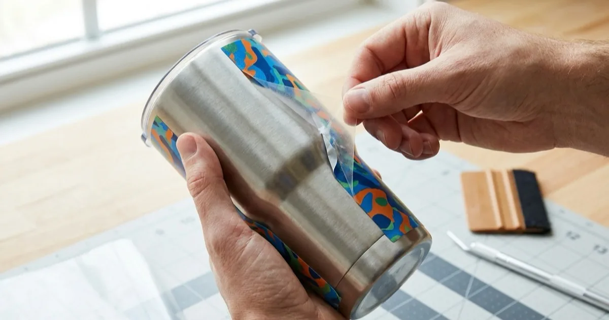 Hands peeling the clear carrier film off a UV DTF wrap applied to a stainless steel tumbler