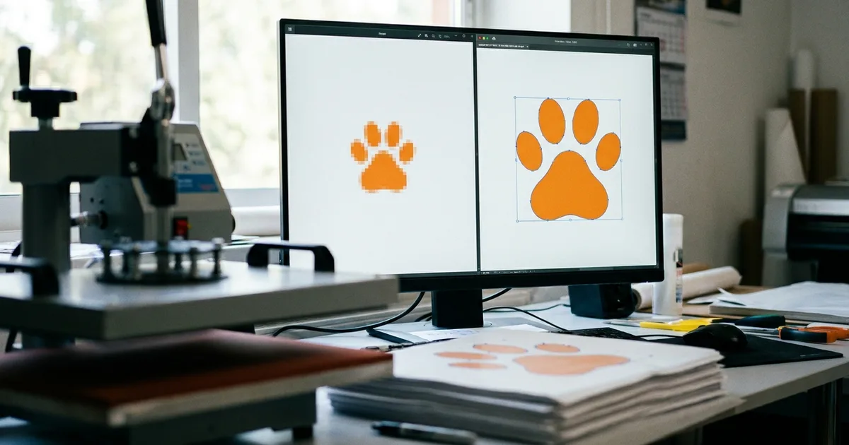 Monitor split screen showing a pixelated orange paw print beside the same paw print as a smooth vector with path nodes, with a heat press and printed transfers on the desk