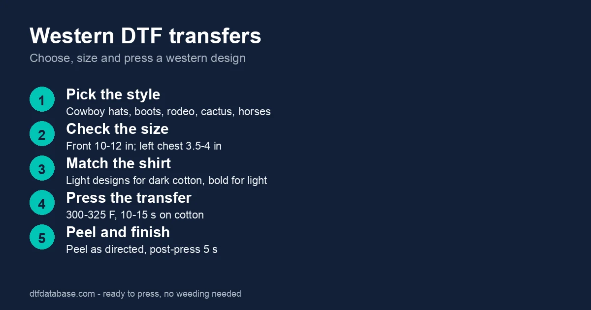 Five steps to choose, size and press a western DTF transfer: style, size, shirt color, press at 300 to 325 degrees F, peel and post-press