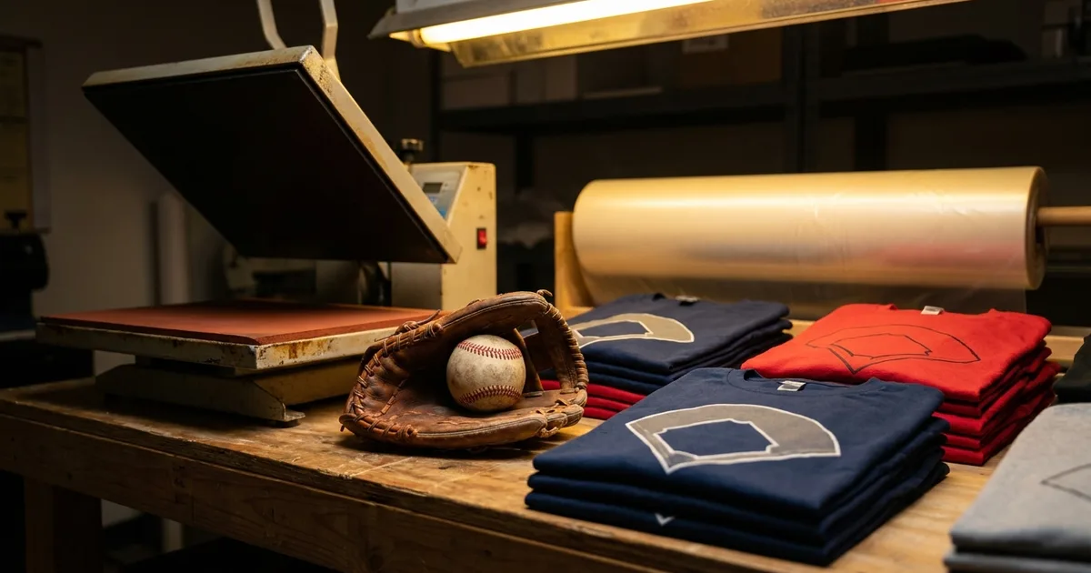 Baseball glove and ball beside an open heat press and folded navy and red T-shirts with baseball diamond graphics